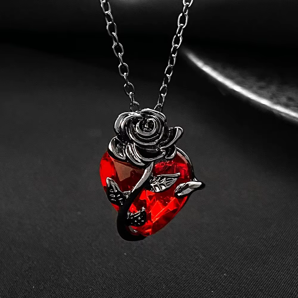 Collier Gothique Rose Rouge pour Femme, Bijoux Grunge Y2K, Dainty Silver Document, Pendentif Coeur H