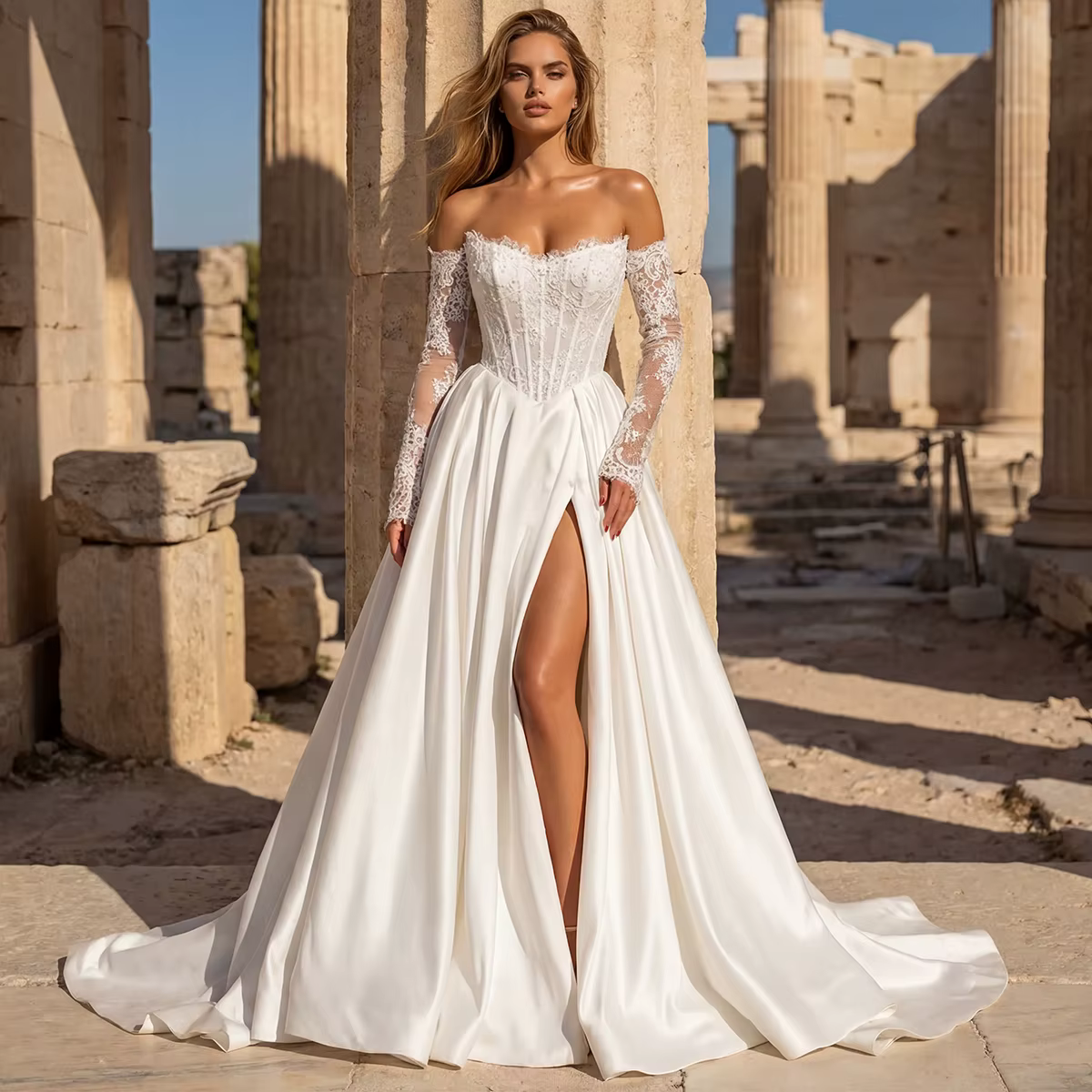 Robe de mariée élégante en Satin et dentelle pour femmes, manches longues, épaules dénudées, ligne A