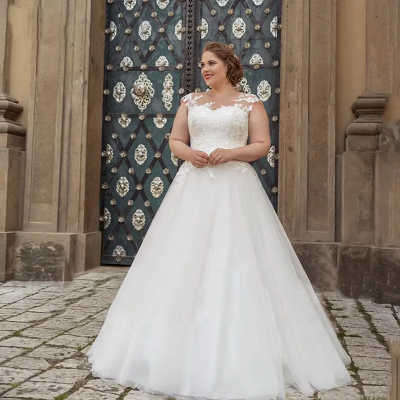 Robes De mariée transparentes à col rond pour femmes, grande taille, en Tulle, ligne a, longueur au 