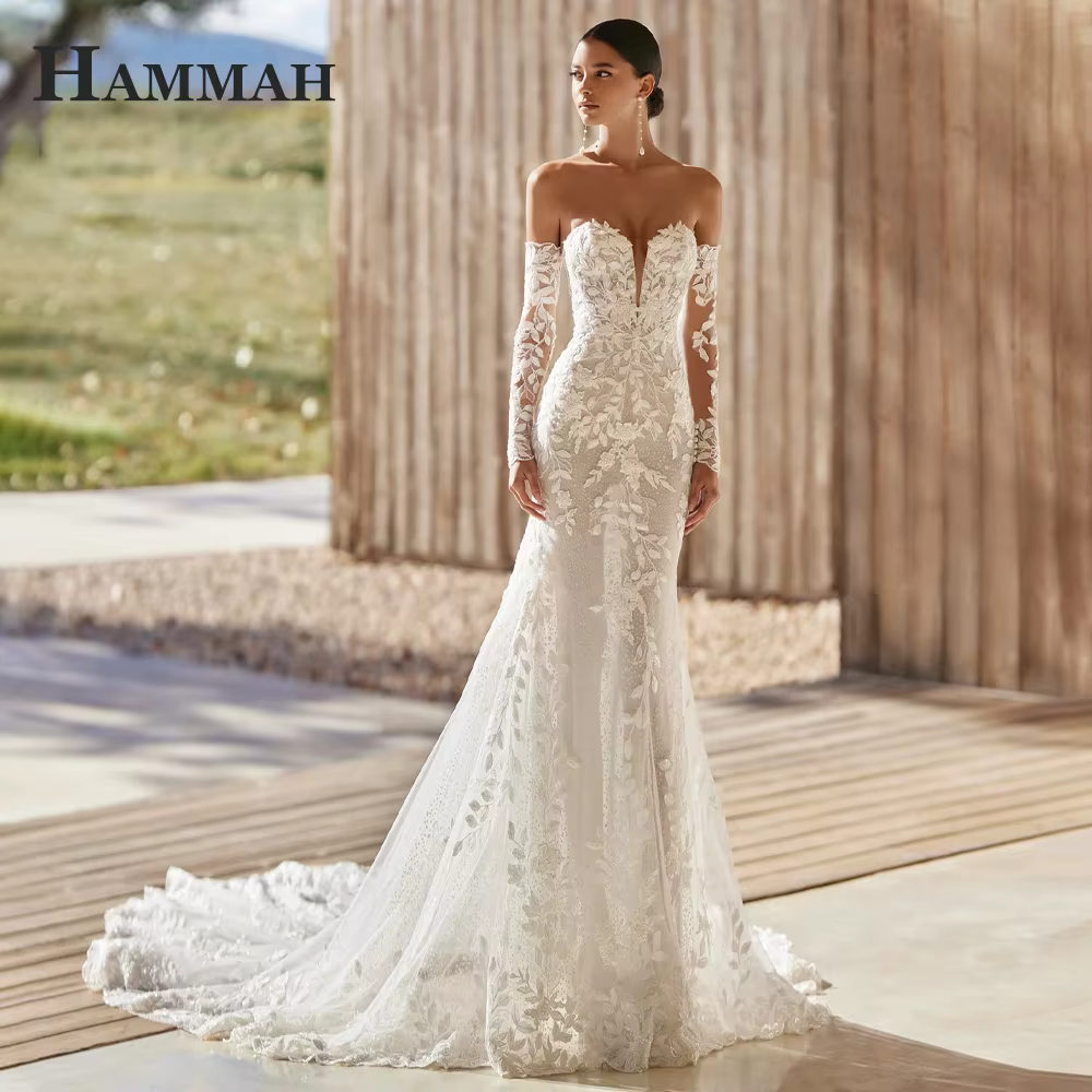 HAMMAH Robe de mariée tendance à manches longues, avec appliques en dentelle, traîne courte, décolle