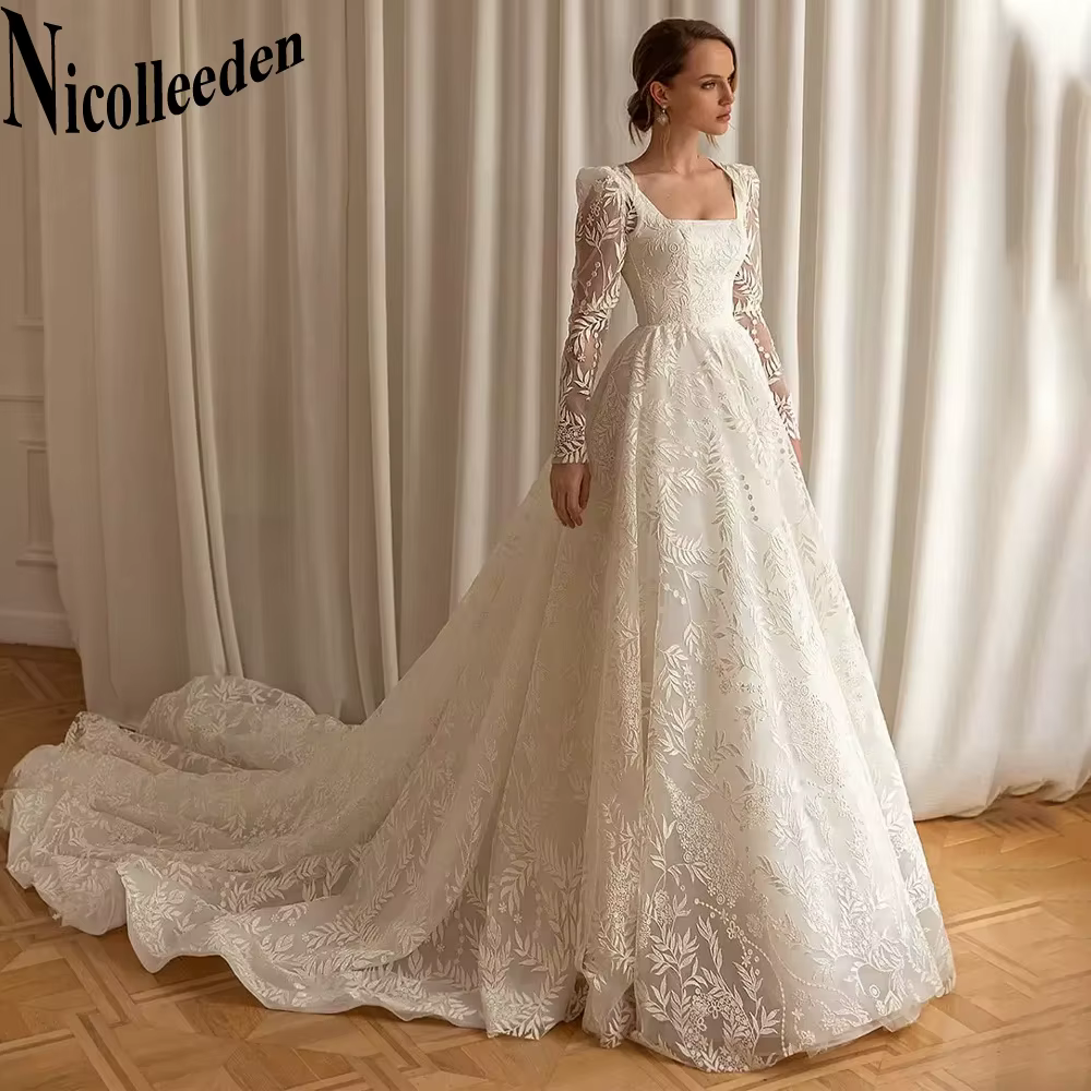 Nicolle-Robe de Mariée à Col Carré et Manches sulf, Corset à Lacets, Imprimé Floral, Livraison Direc