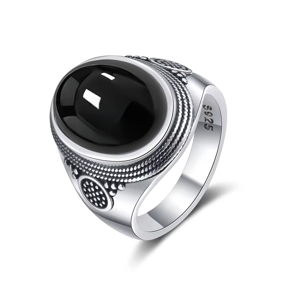 Bagues en argent Sterling 925 Vintage pour hommes, avec pierre ovale en Onyx noir naturel, grandes b