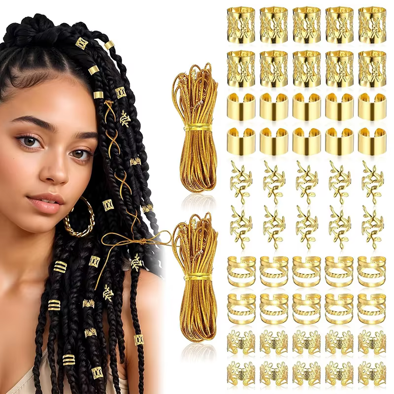 Bijoux de cheveux en or pour tresses, 52 pièces, accessoires contenant des cordes à cheveux pour ann
