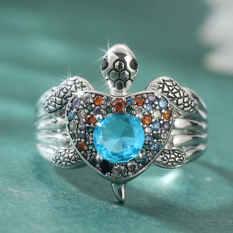 Bague vintage personnalisée en zircone synthétique colorée, motif tortue argentée, pour femme, desig