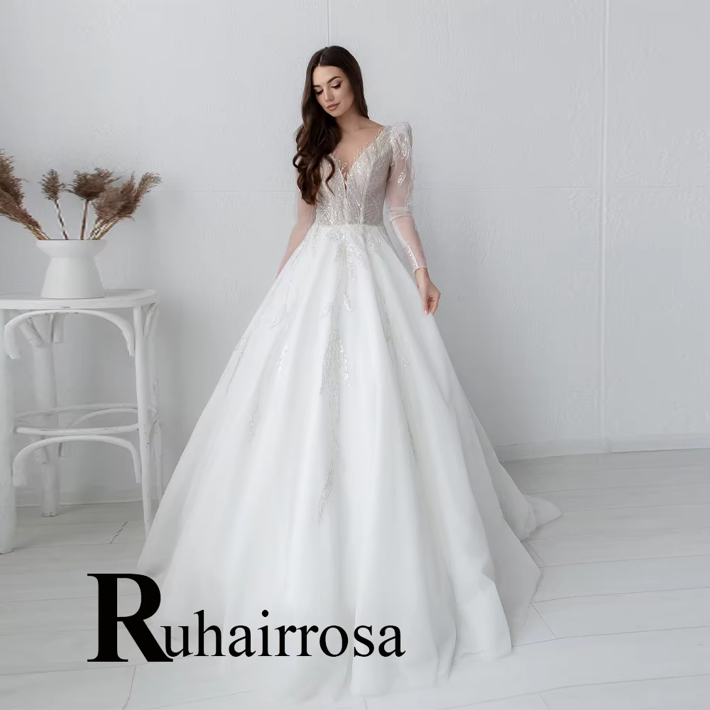 Ruhair Robe De mariée gracieuse manches bouffantes a-ligne dos nu col en v paillettes Tulle sur mesu