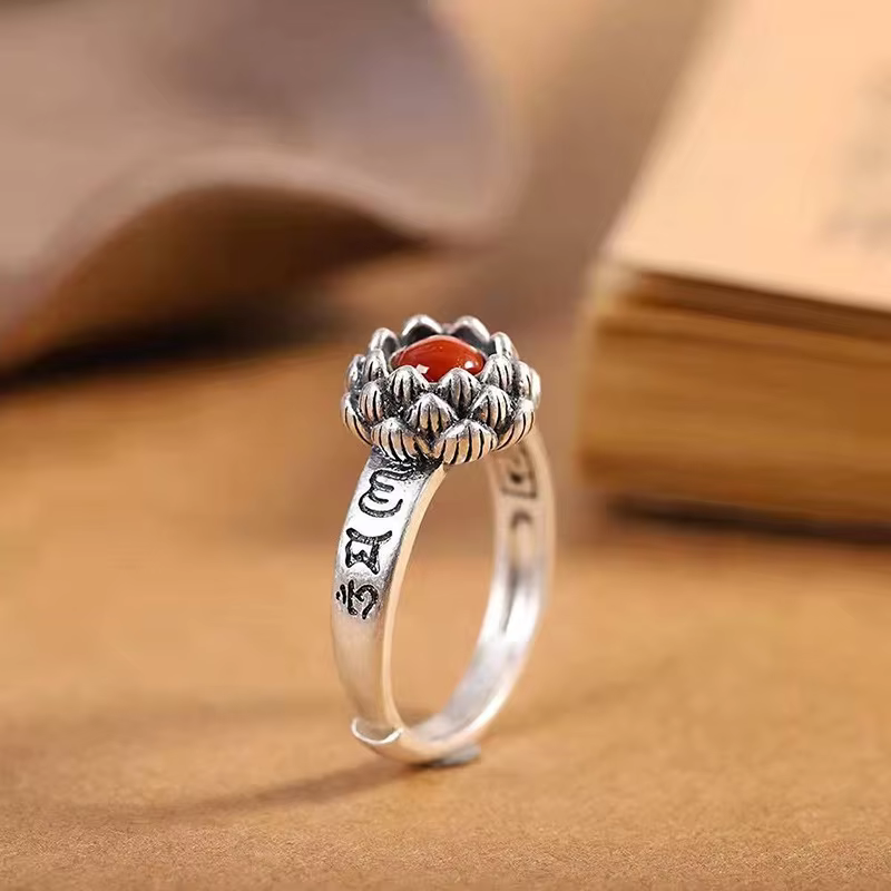 Anneau de Lotus Mantra bouddhiste tibétain à Six syllabes pour femmes, bijoux de prière OM Mani Hum,