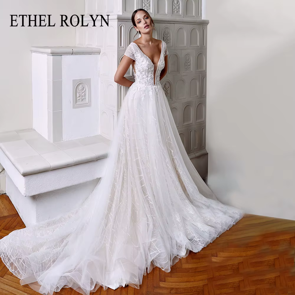 ETHEL ROLYN robe De mariée élégante princesse mariée col en v dos nu dentelle Appliques chapelle Tra