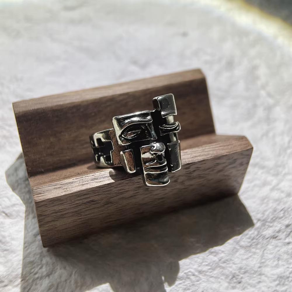 Bague rétro abstraite pour hommes et femmes, couleur argent, Punk gothique, anneau ouvert, accessoir