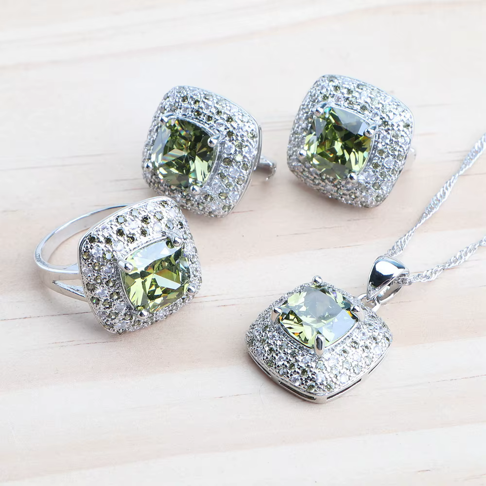 Ensemble de bijoux de mariée en argent 925, Zircon Olive, Bracelets, bagues, bijoux de Costume, bouc