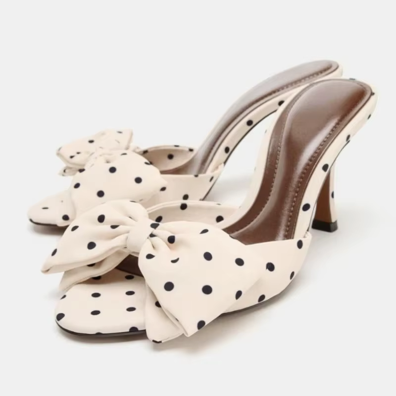 Sandales à talons en Satin de soie pour femmes, Mules de luxe à pois et bout ouvert, pantoufles élég