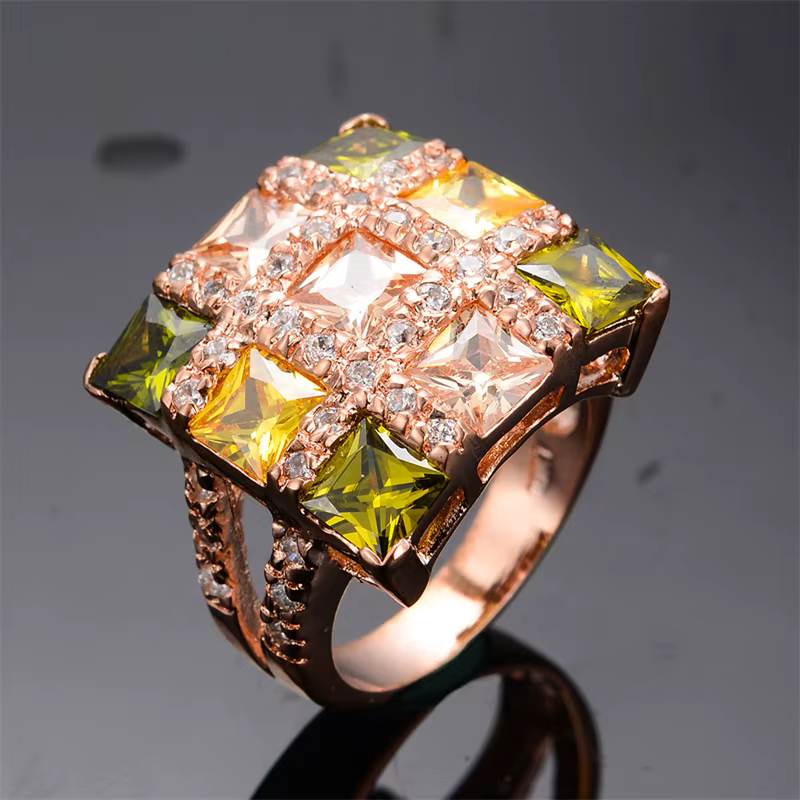 Grandes bagues carrées de luxe en Zircon multicolore pour femmes, couleur or Rose, pierre jaune Oliv