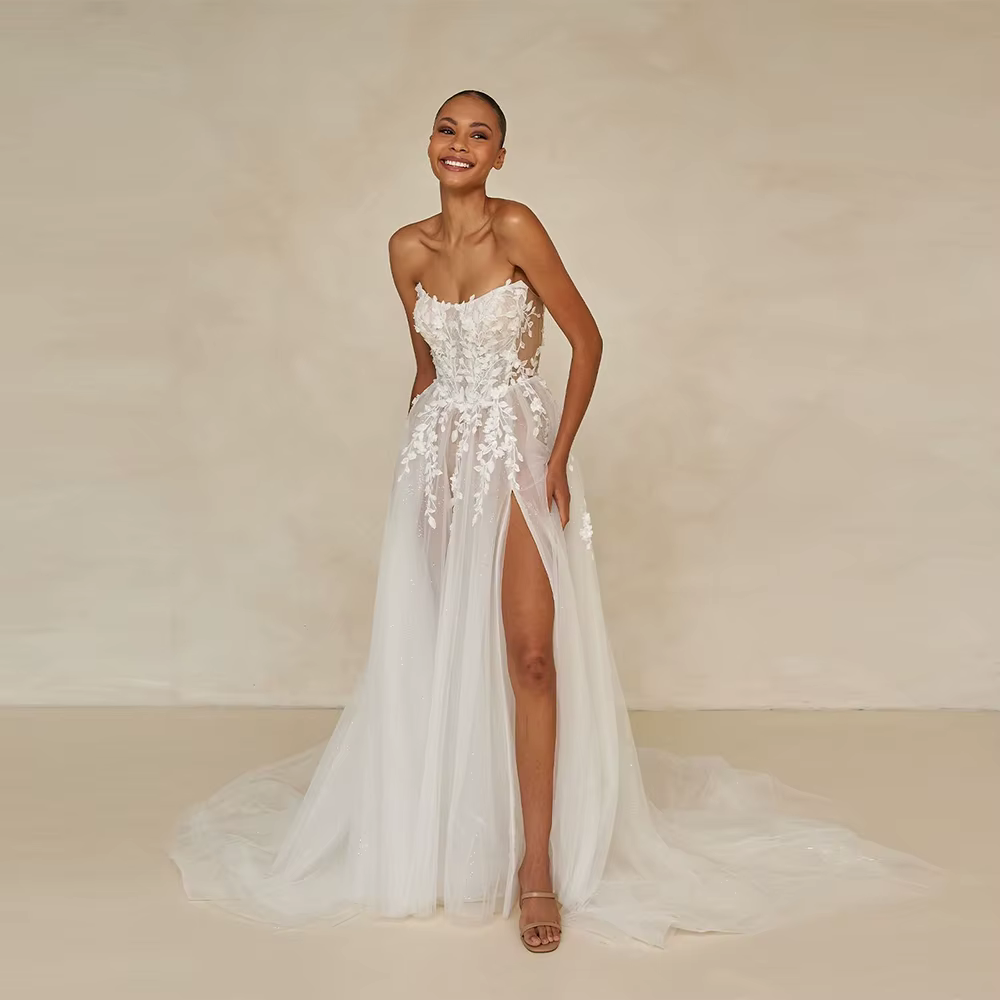Robe de mariée sexy sans bretelles, corset transparent, dentelle, fente haute, en tulle, sur mesure