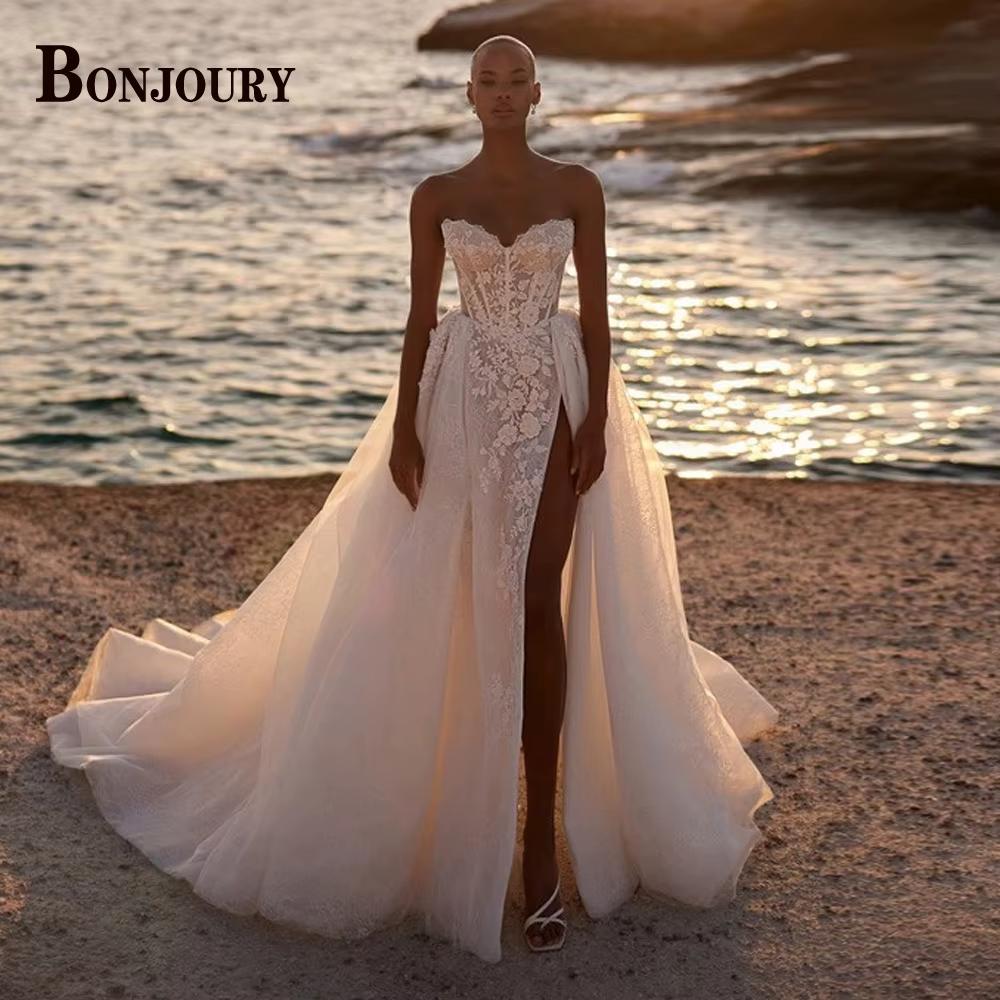 BONJOURY robes de mariée élégantes pour Mariages haute fente Appliques sans manches a-ligne à lacets