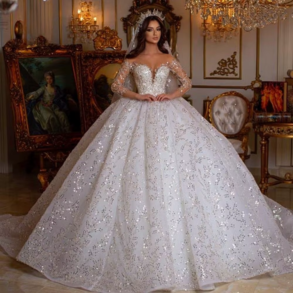 Haute Couture magnifique robe de mariée avec chérie à manches longues broderie paillettes Tulle long