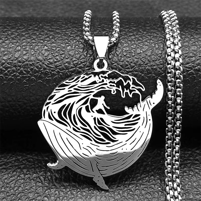 Collier d'équitation de surf de baleine pour hommes et femmes, acier inoxydable, document en or, spo