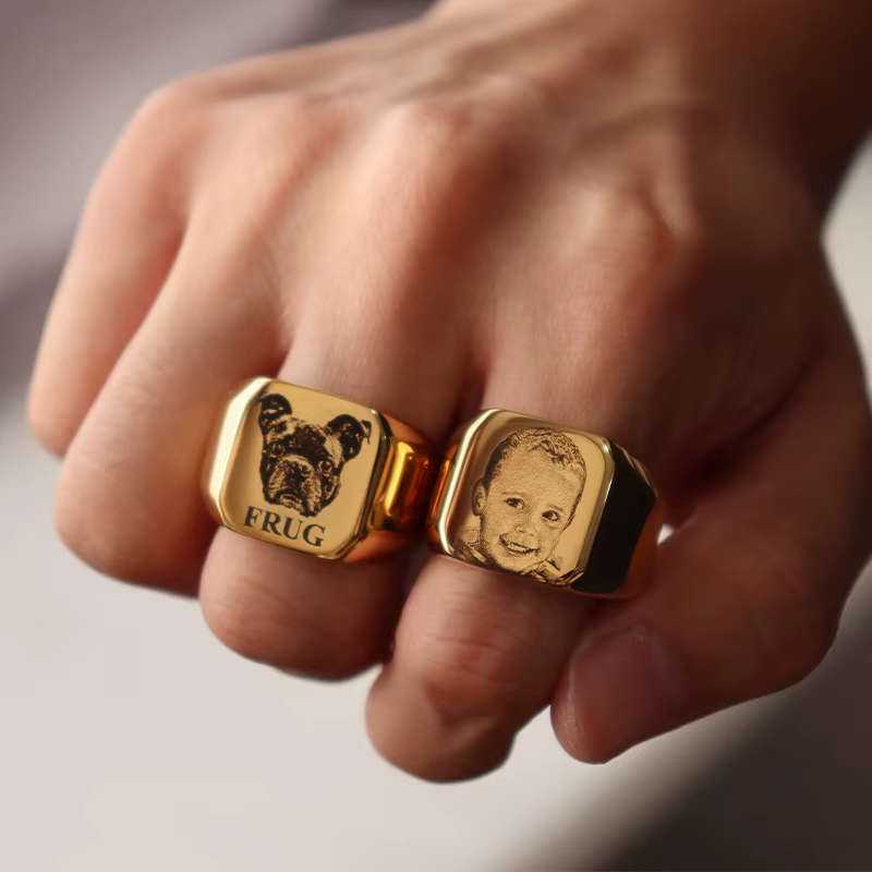 Bague de famille Punk ronde en acier inoxydable, chevalière ronde personnalisée, Photo personnalisée