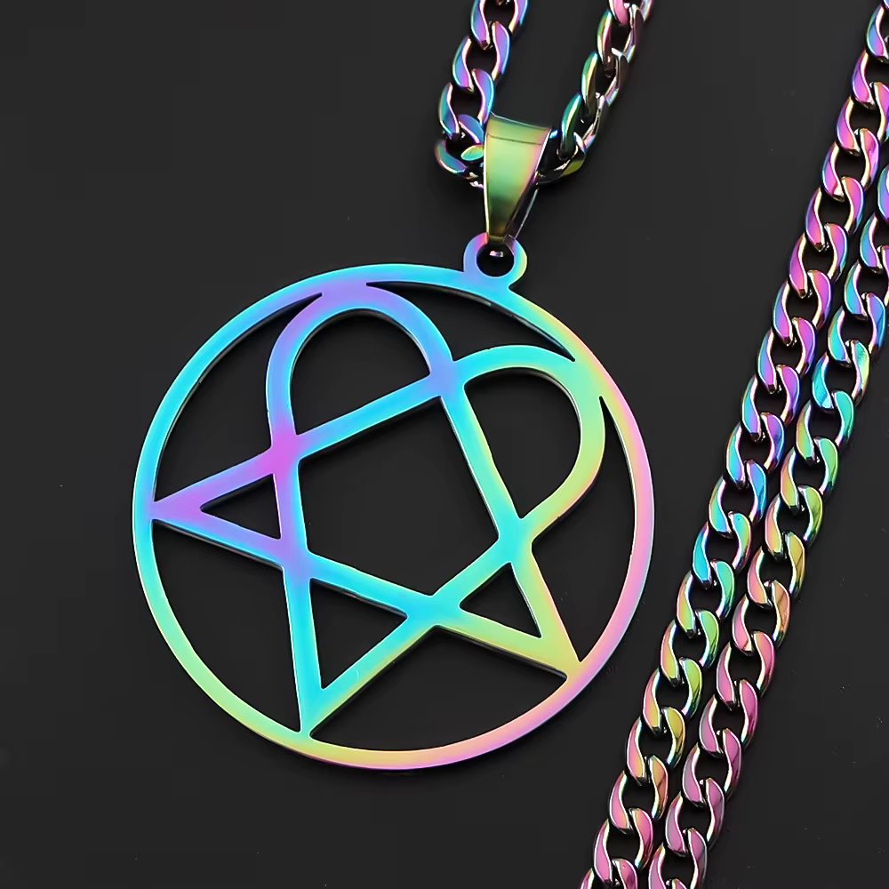 Collier pentagramme Heartagram Him Band pour hommes et femmes, cœur gothique couleur arc-en-ciel, ch