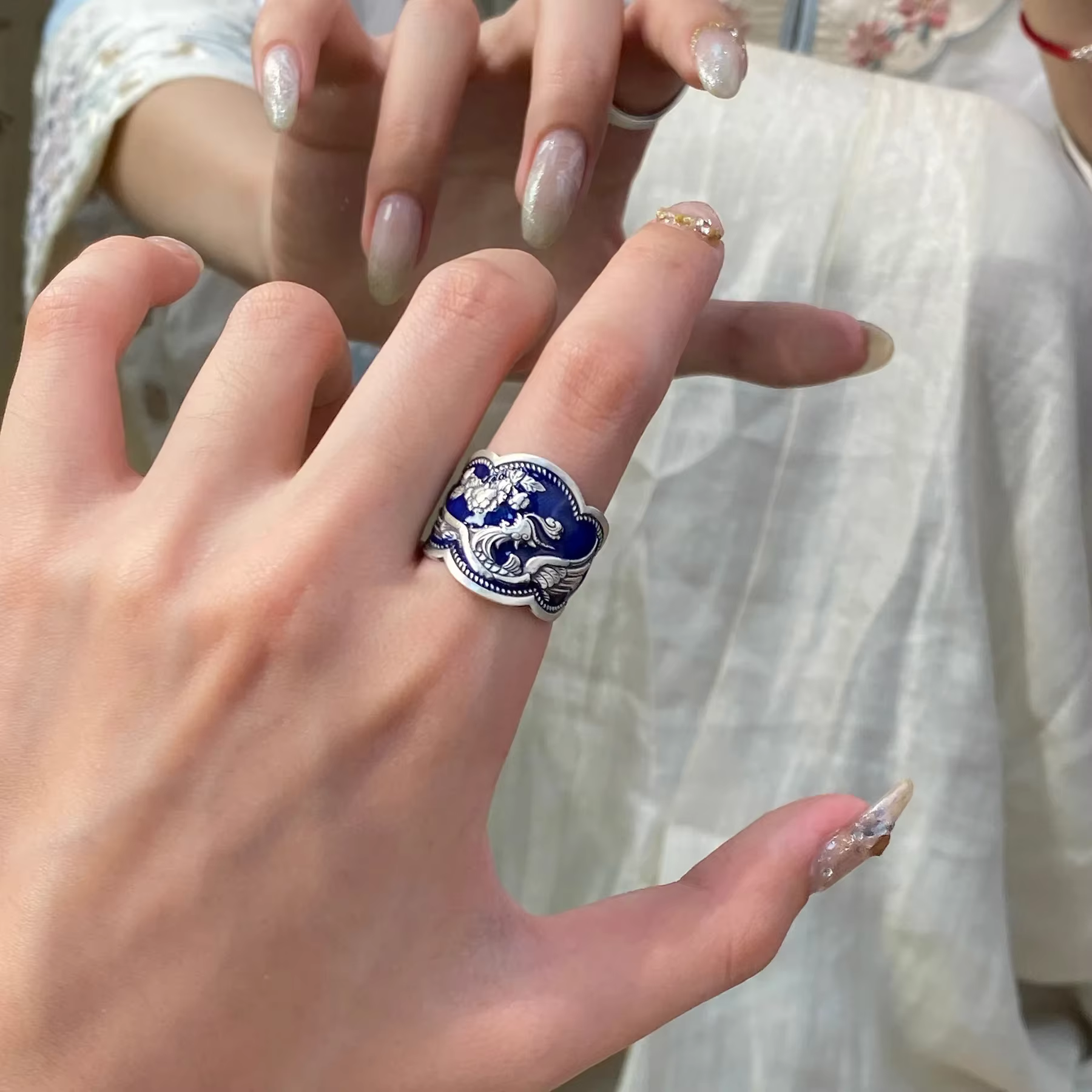 Bague phénix bleu et blanc en argent 925, Style porcelaine bleue, Art rétro, fleur de pivoine, bague