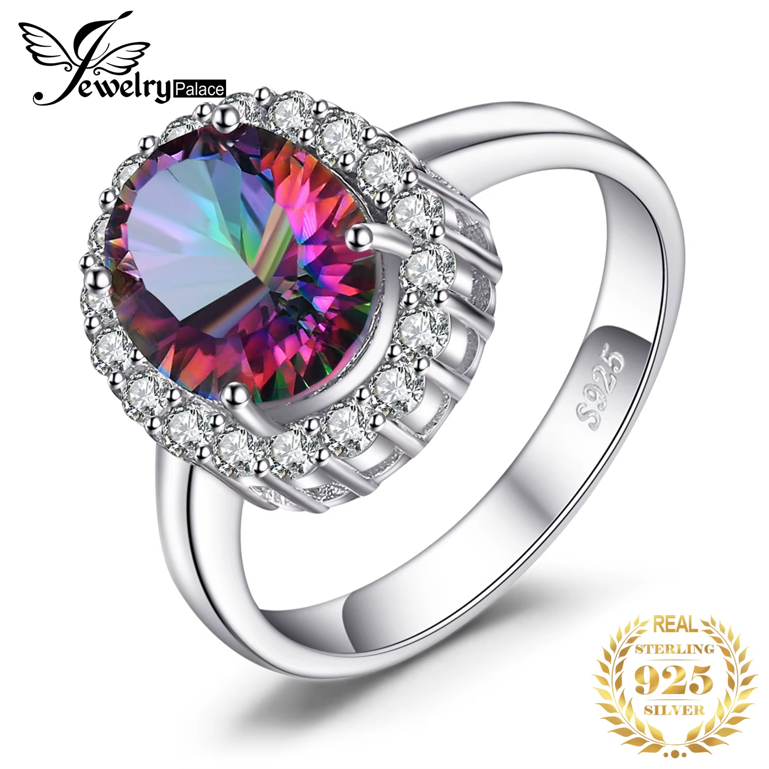 JewelryPalace – bague de fiançailles pour femmes, Quartz arc-en-ciel mystique naturel, en argent Ste
