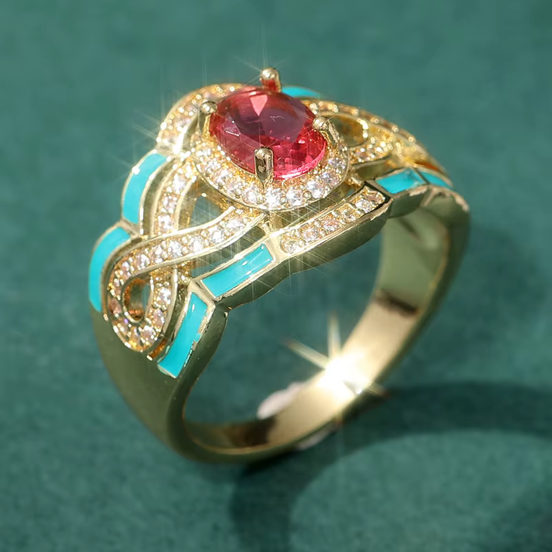 Bagues de mariage vintage de luxe incrustées de zircone synthétique rouge ovale, plaquées or, pour f