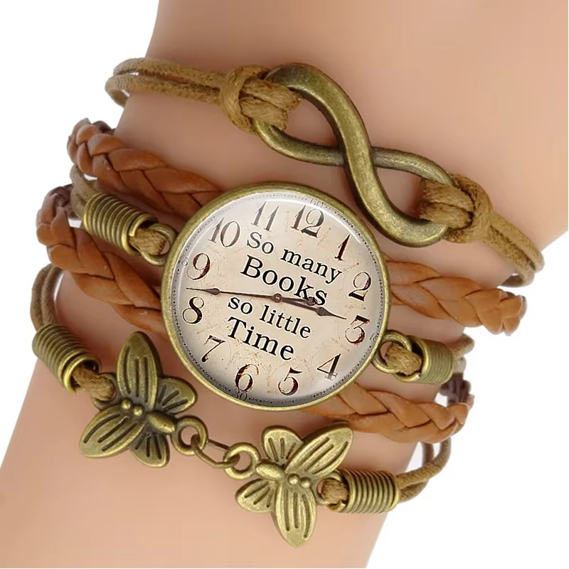 Bracelet brun tissé avec cabochon en verre, bijoux de livre, pas de vraie montre, tant de nettoyage,