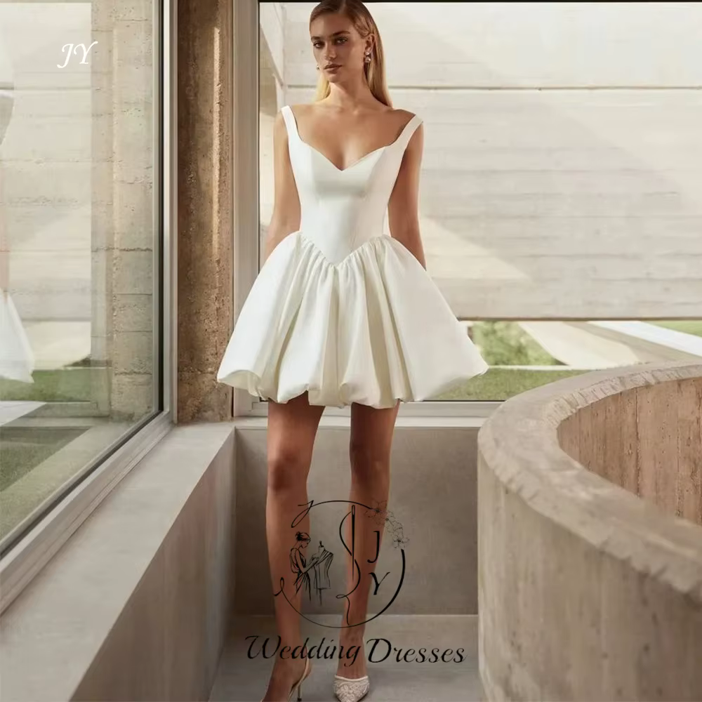 Robe de mariée moderne JY en satin ivoire, col en V profond, sans manches, jupe plissée bouffante, s