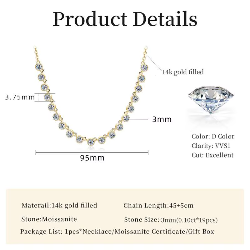 Collier style bulle en moissanite étincelante de 3 mm, collier ras du cou en or 14 carats pour femme