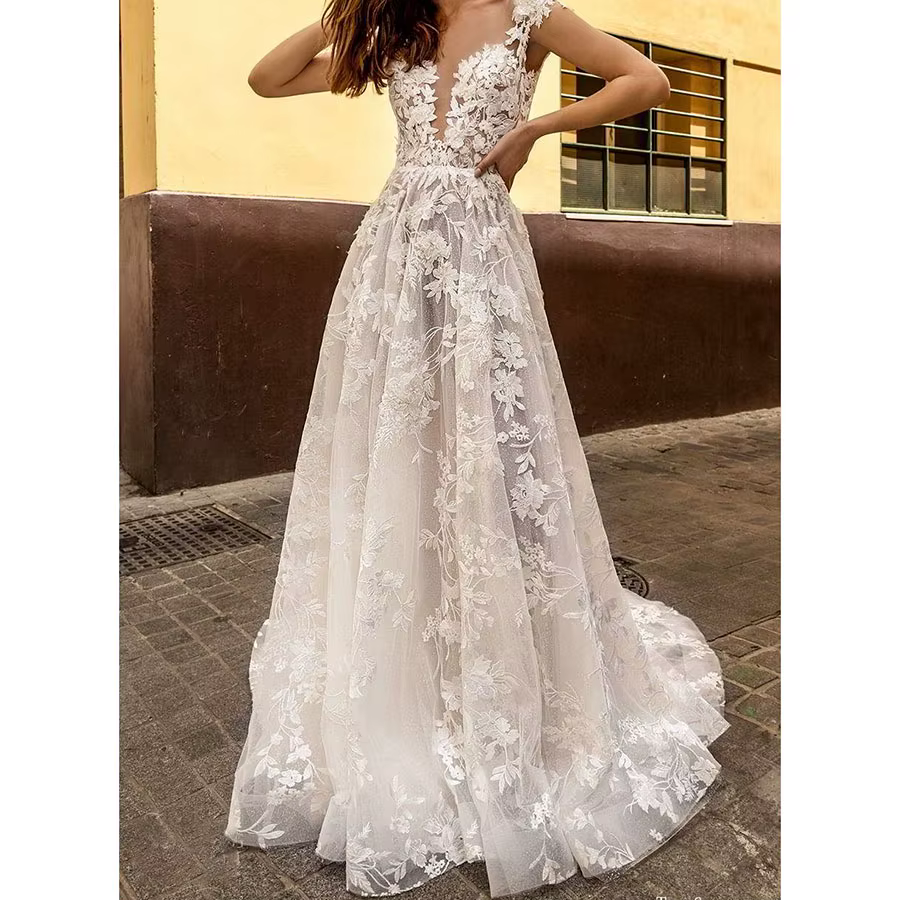 Robe de mariée sans manches, blanche, exquise, avec appliques, longueur ras du sol, sexy, avec traîn
