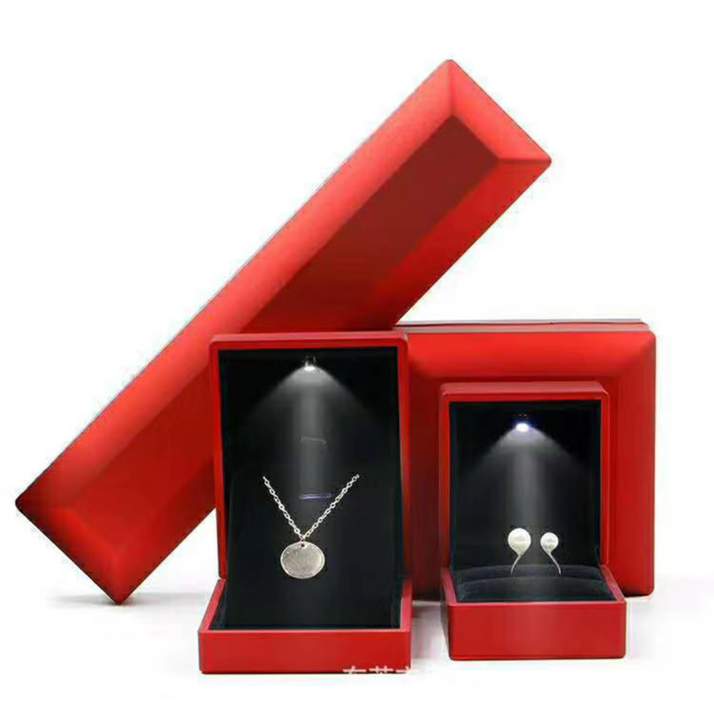 Boîte à bijoux LED en velours de luxe avec lumière, collier en caoutchouc, pendentif, présentoir de 