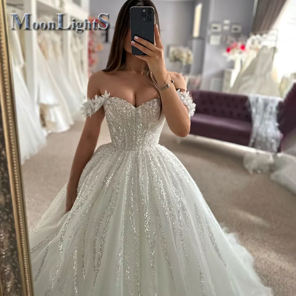 Robe De mariée en dentelle au clair De lune, épaules dénudées, ligne A, robe De mariée en cœur, dos 