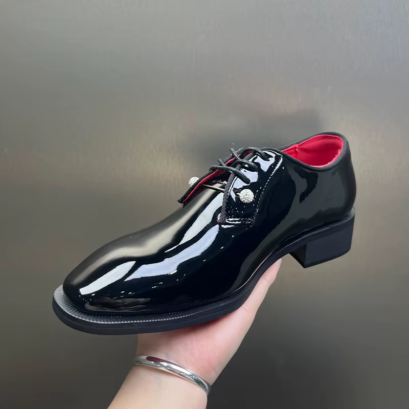 Chaussures de Mariage Derby Noires à Semelle Rouge pour Hommes, à Lacets, Style Décontracté, Semelle