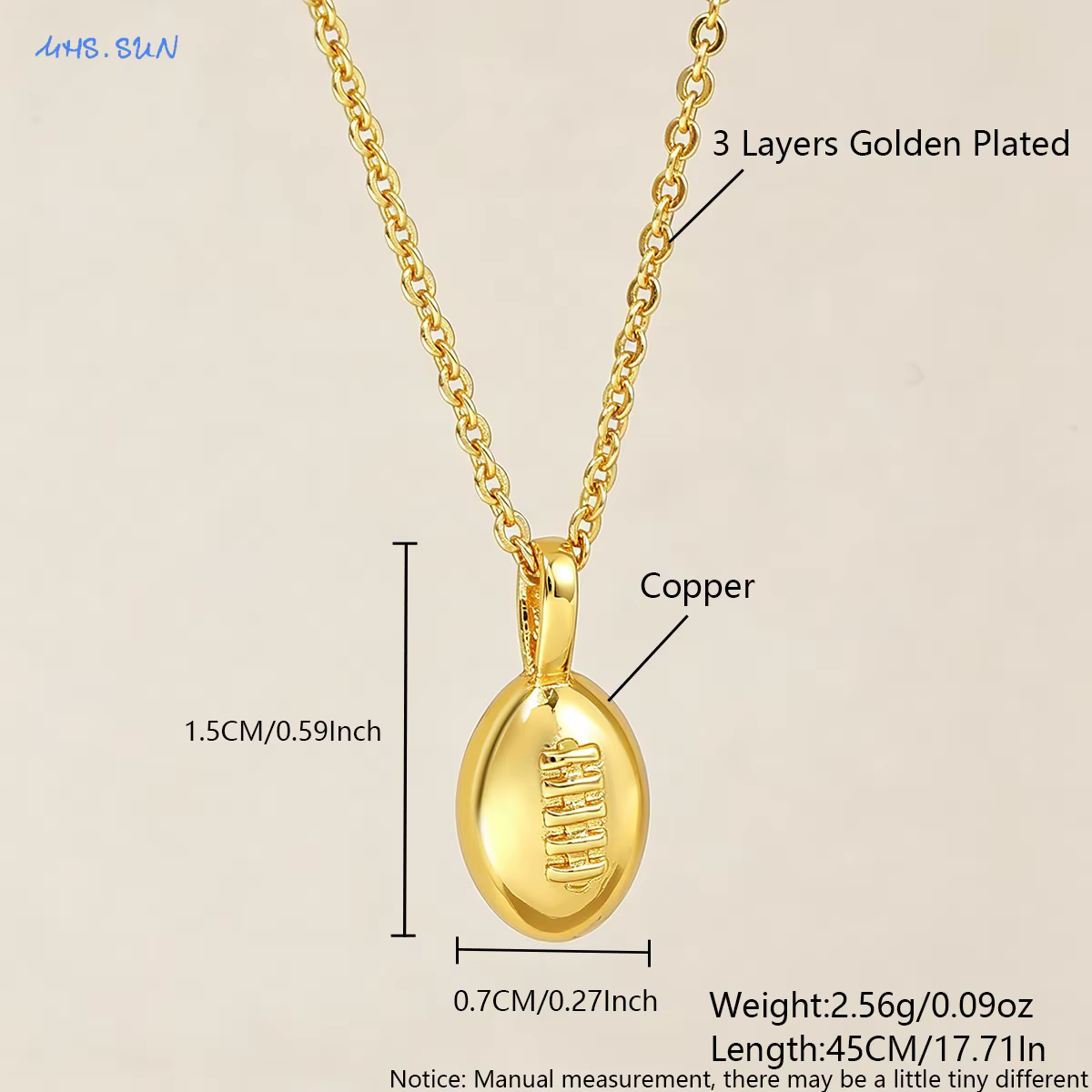MHS.SUN – colliers avec pendentif ballon de rugby plaqué or pour femmes et hommes, chaînes de clavic