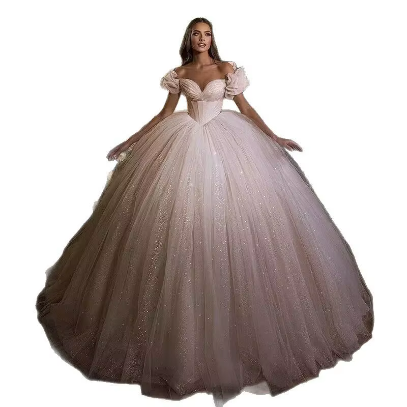 Robe de mariée palais à épaules dénudées, luxe de rêve, ciel étoilé, paillettes, amincissante, nouve