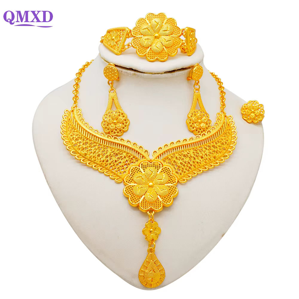Ensemble de bijoux de luxe africains couleur or de Dubaï pour femmes, collier bohème à fleurs, bijou
