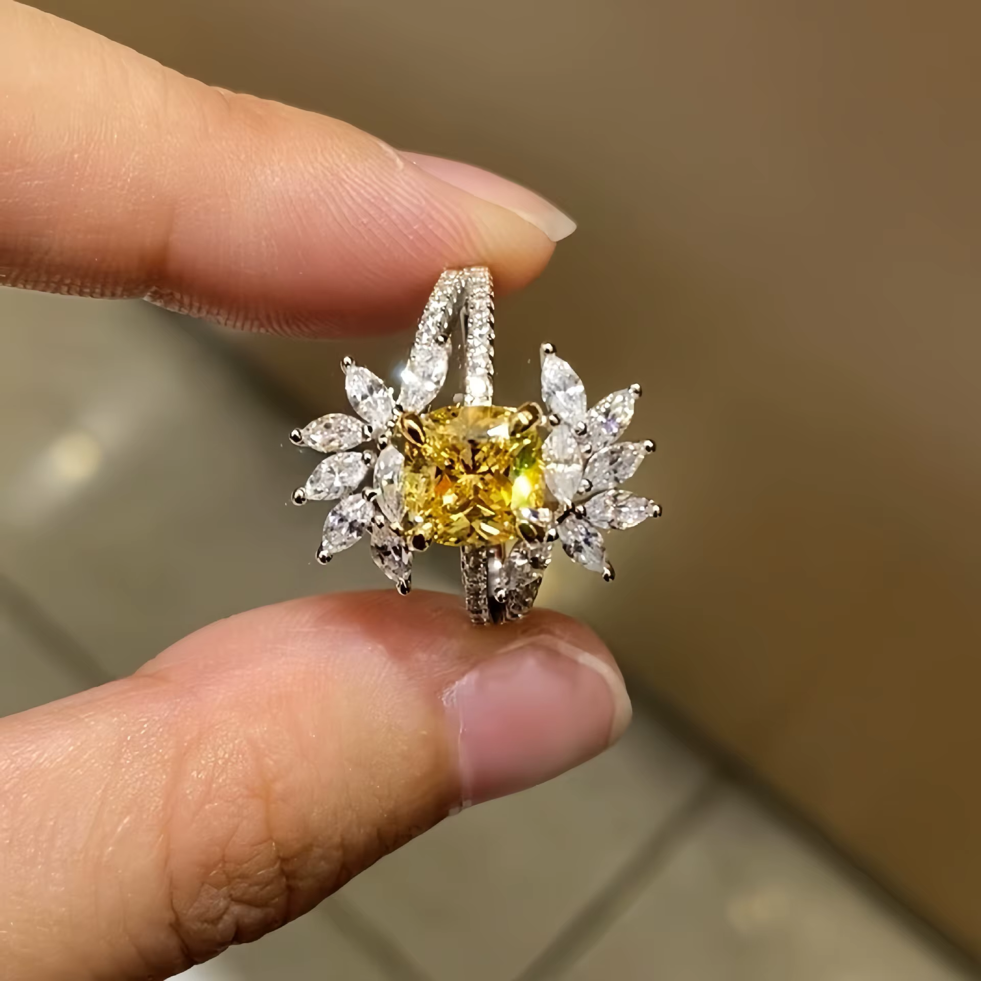 Bague Halo 2Ct 7*7mm en diamant jaune créé taille coussin, en argent sterling 925 massif, bijou de m