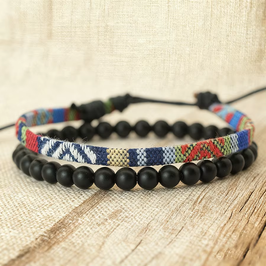 Noter ethnique hommes Bracelet ensemble tressé à la main bohême tissu Braclet polyvalent hommes poig