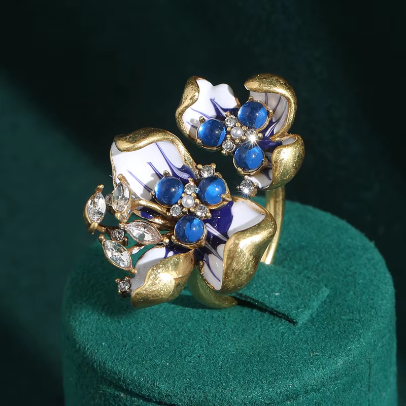 Bague ajustable Vintage en opale bleue pour femme, fleur d'orchidée, pétales, accessoires de luxe, q
