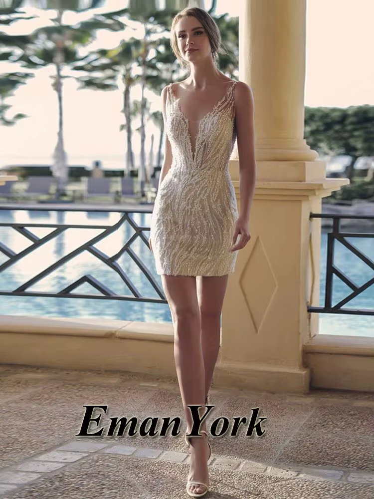 EmanY-Robe de mariée à perles carillon pour femme, col en V, au-dessus du genou, robe de demoiselle 