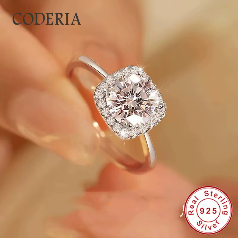 Bagues carrées classiques en argent S925 pour femmes, 100% moissanite véritable 1CT, bague D VVS1, c