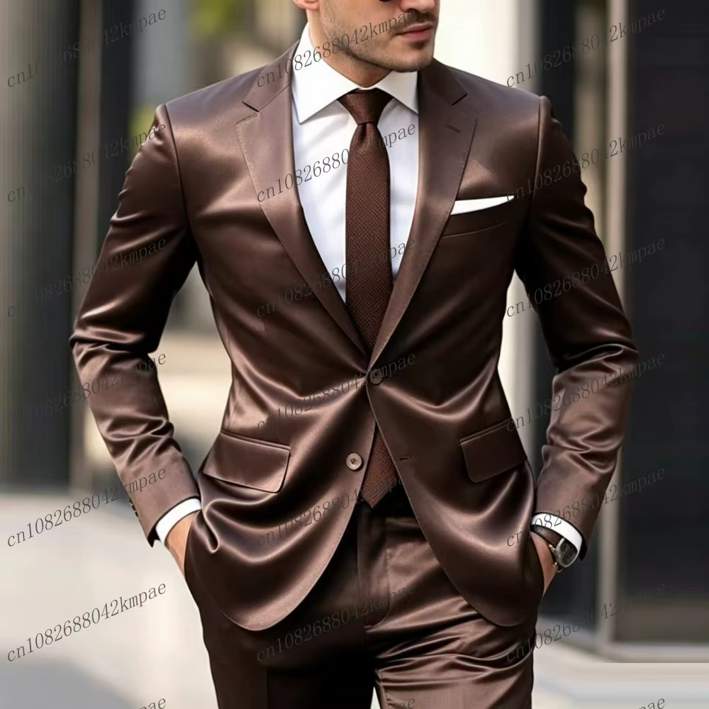 Costume formel pour homme en satin d'acétate brun foncé, pour marié, témoin, mariage, soirée, bal, a