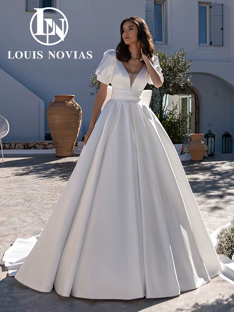 Modiis-Robe de mariée en satin sexy à manches bouffantes, robe de Rh, col en V, poche, train chapell