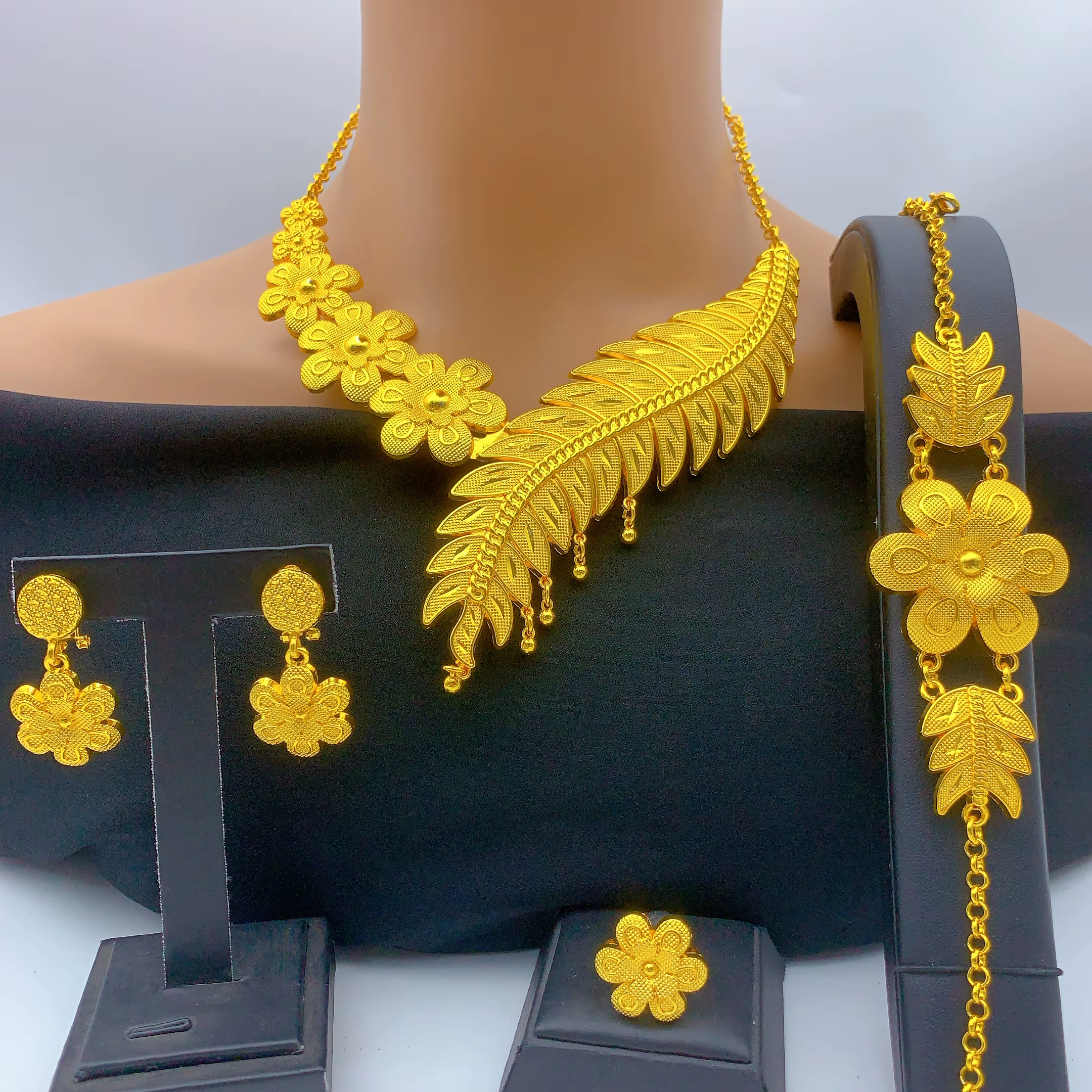 Ensemble collier et boucles d'oreilles en or 24 carats éthiopien pour femme, grand pendentif africai