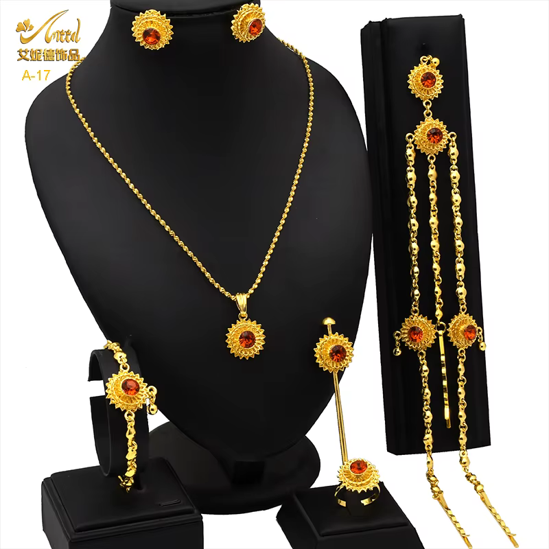 ANIID éthiopien 24k plaqué or 6 pièces ensembles de bijoux pour femmes indien dubaï haute qualité co