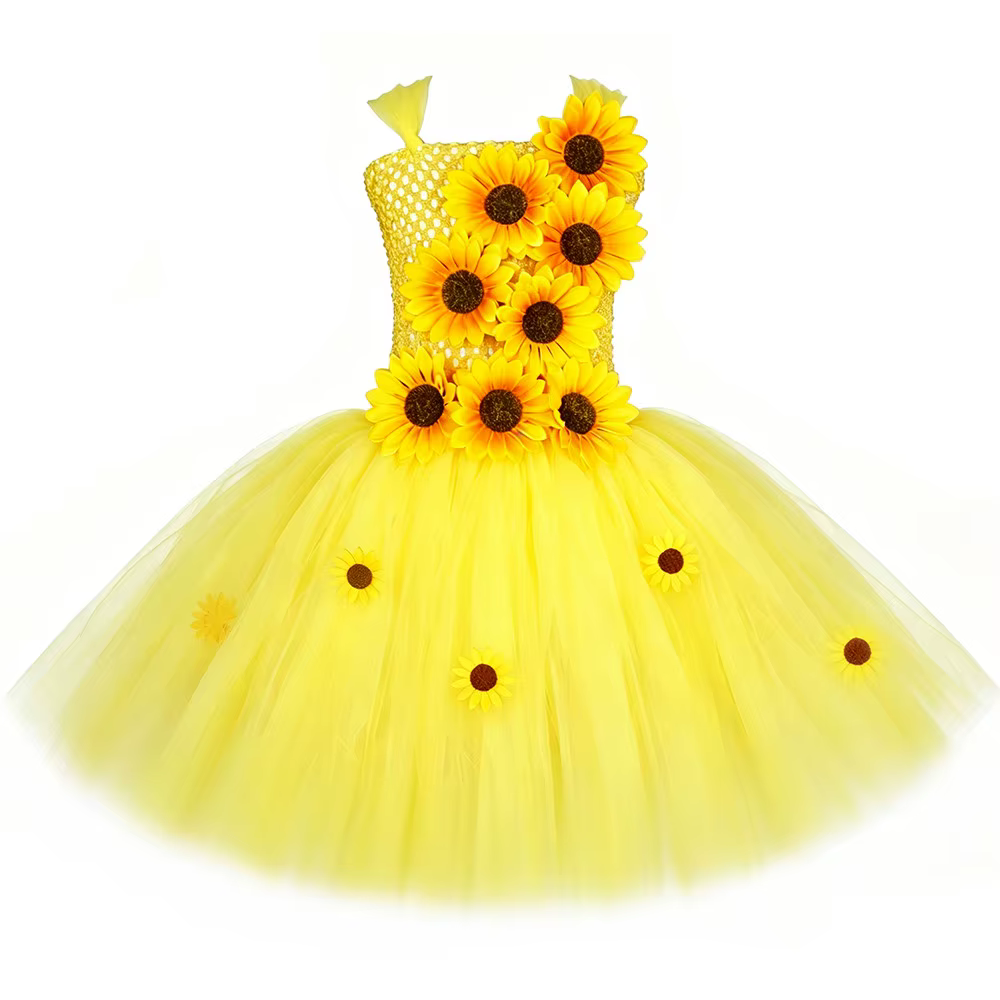 Robe de princesse féerique tournesol pour filles, ensemble de costumes de fête de Thanksgiving, robe