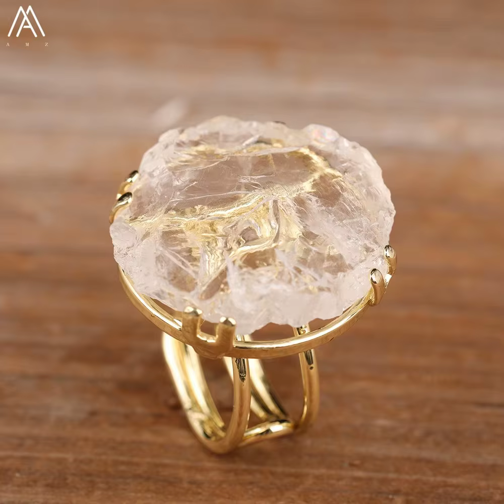 Bague en or et cristal de Quartz blanc naturel, pierres précieuses brutes, bijoux de déclaration fai