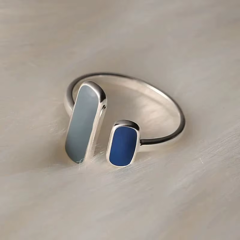 Huitan Unqiue – bagues ouvertes en émail bleu clair/foncé pour femmes, couleur argent, asymétriques,