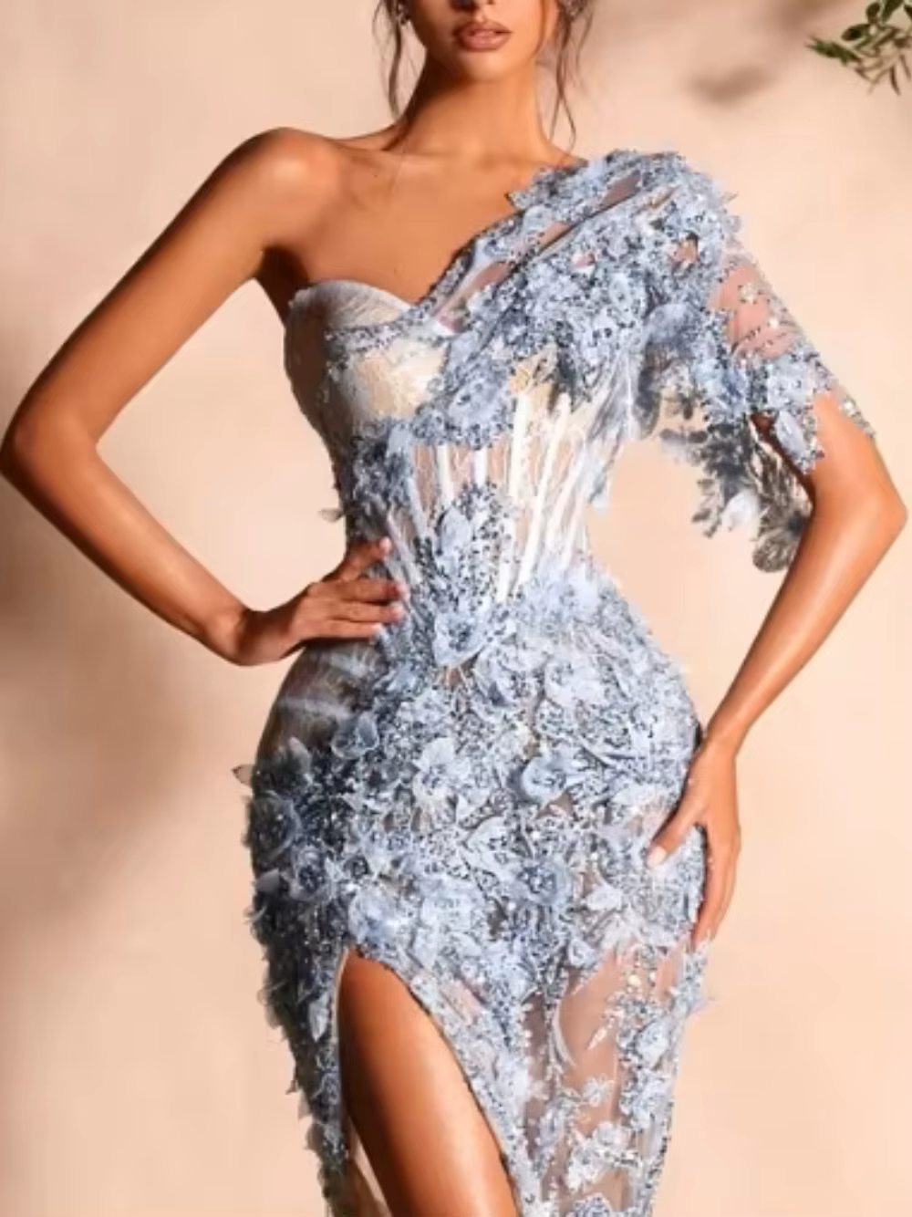 Robe de soirée formelle bleu clair de luxe pour femme, asymétrique à une épaule, avec dentelle 3D pe