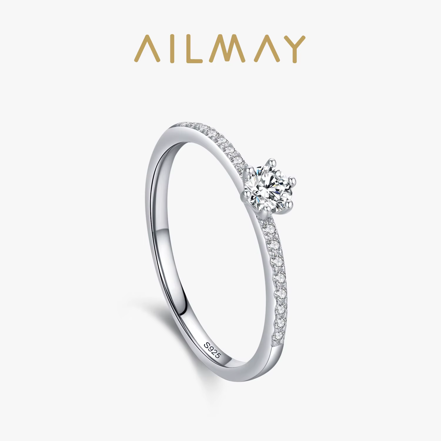 Ailmay réel 925 en argent Sterling Simple scintillant rond clair Zircon anneau pour les femmes class