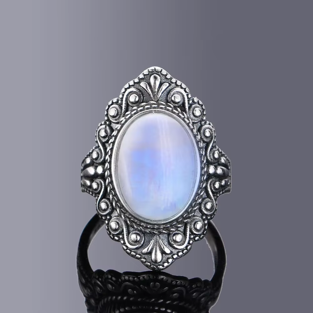 Bague ovale en argent S925, Onyx noir naturel, bague rétro en Labradorite noire, bijoux fins de fête