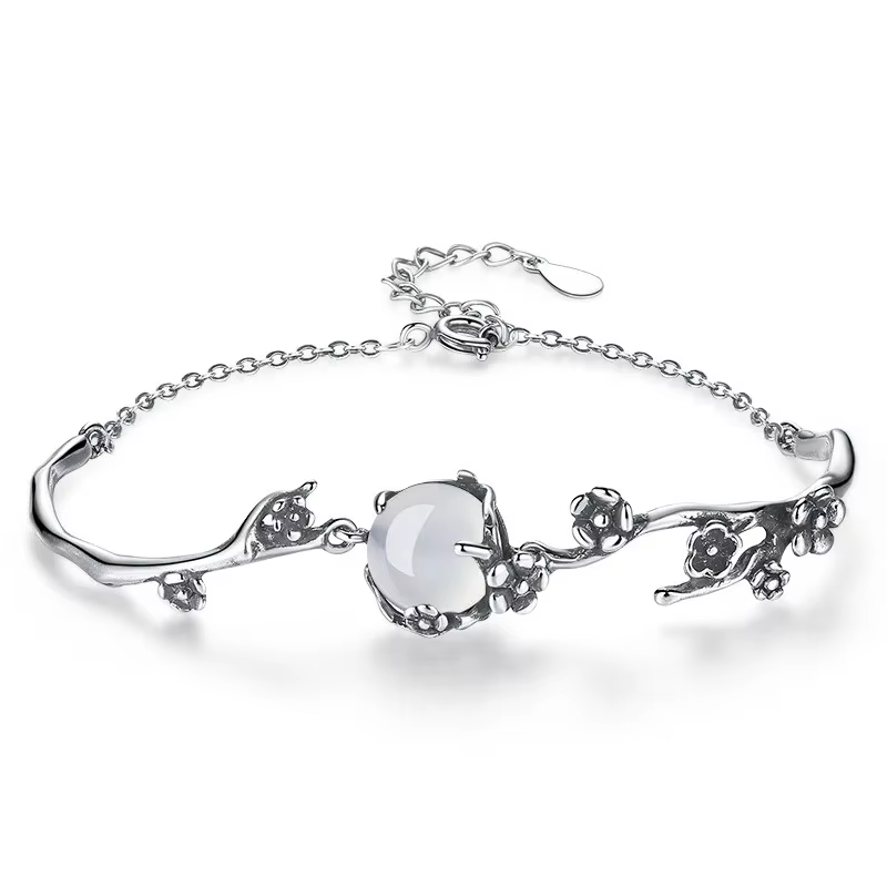 Bracelets en pierre opale pour femmes, couleur argent thaïlandais, noir, or, fleur Rose, bijoux, cha